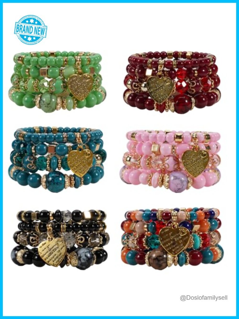 4-Pack Stackable Stretch Bead Bracelet Set with Crystal & Gold Accessories